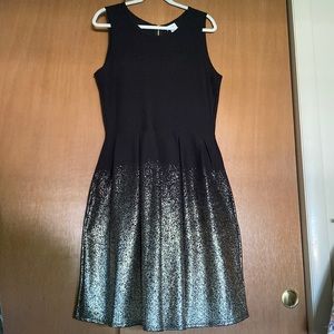 Black and gold foiled LuLaRoe Amelia dress (tailored to have sleeves removed)
